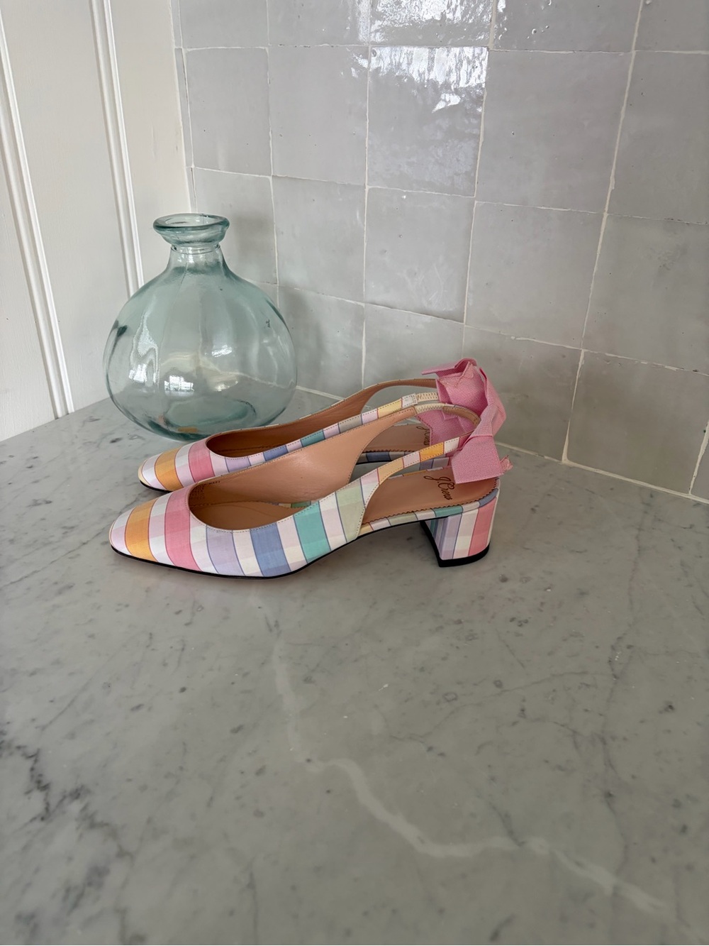 J. Crew NWT Pastel Gingham Sling Backs with Grosgrain Bow Size 8